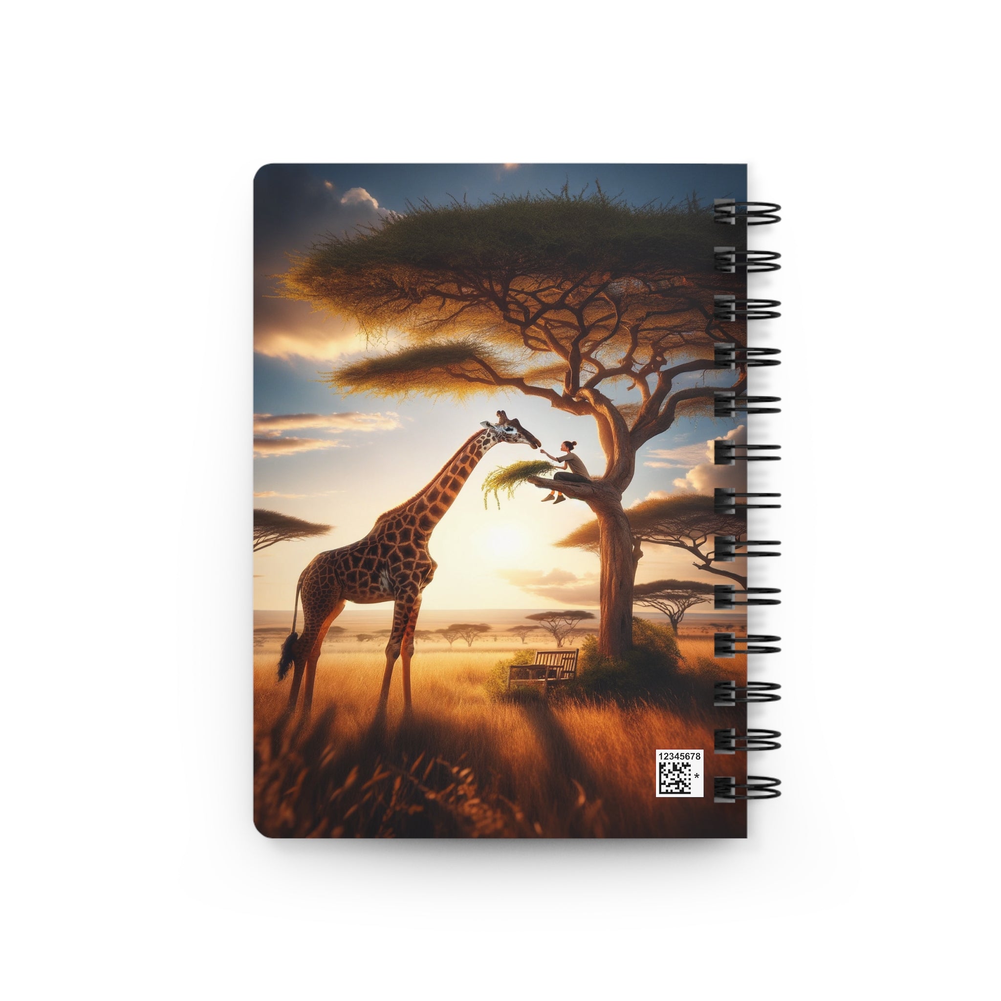 Girl feeding a giraffe from a tree - Spiral Notebook