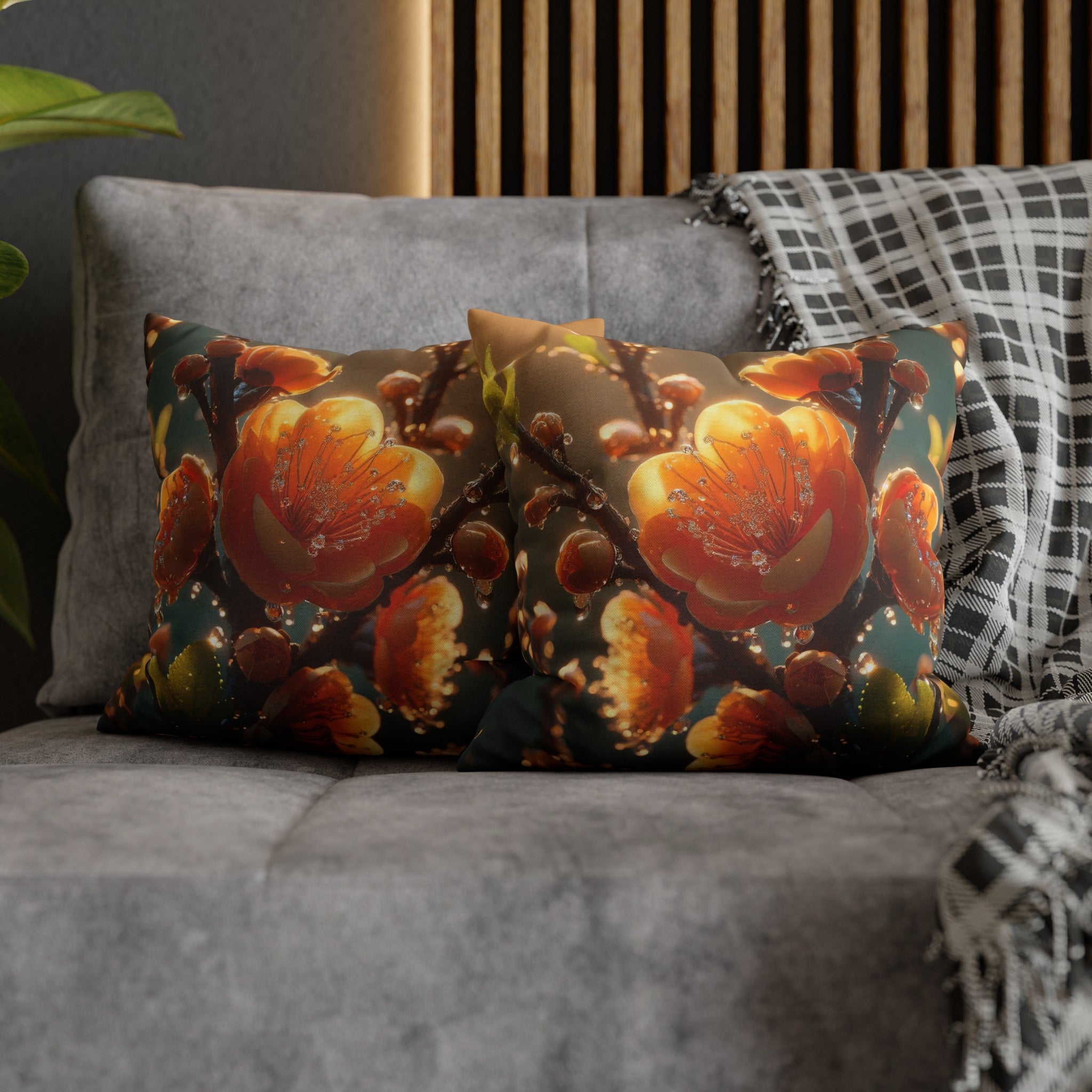 Orange diamond flowers (2) - Polyester Square Pillowcase