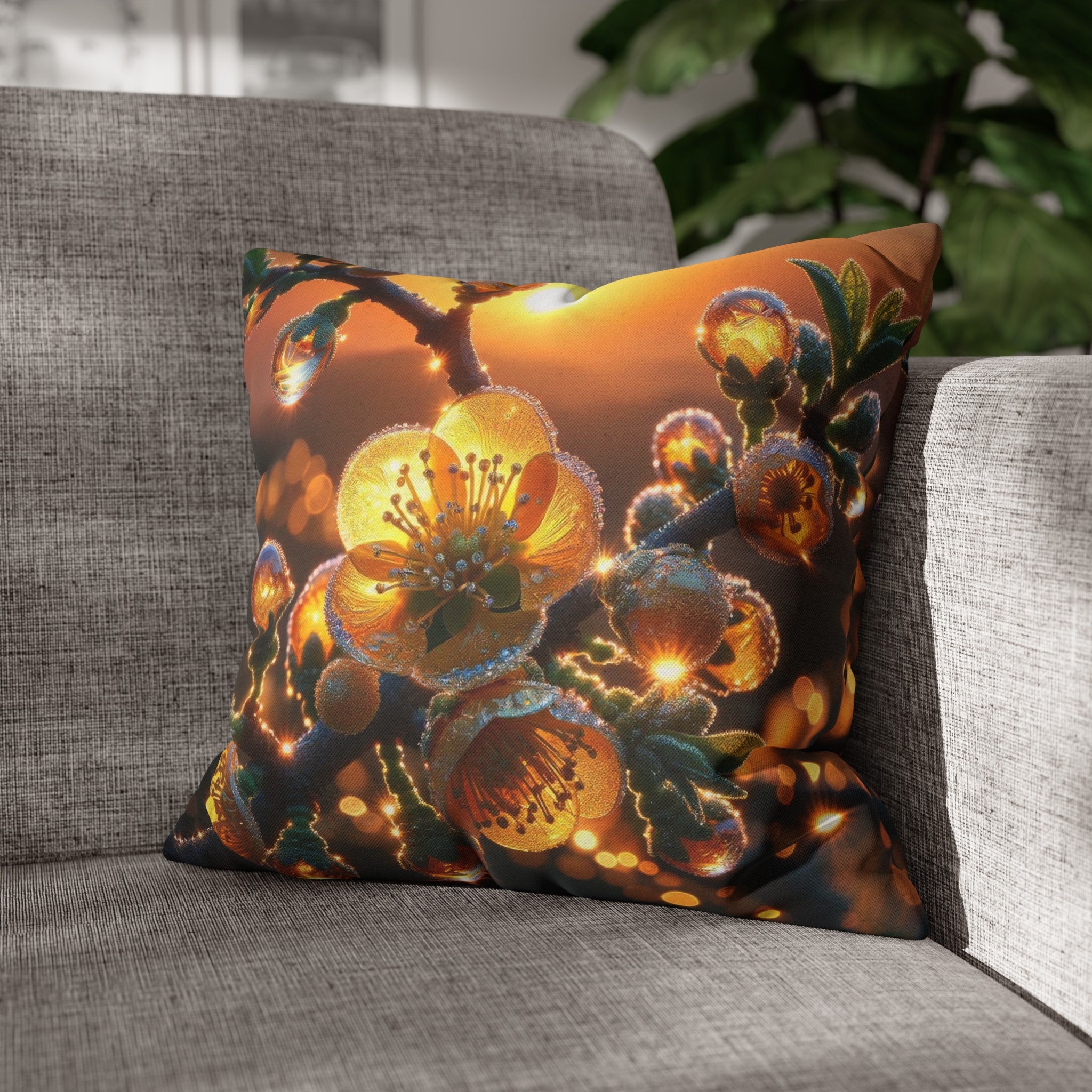 Yellow diamond flowers (2) - Polyester Square Pillowcase