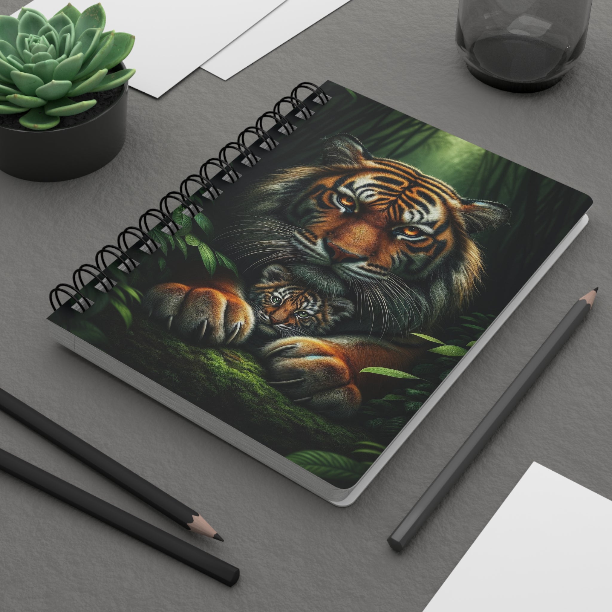 Mother tiger protecting her cub - Spiral Notebook