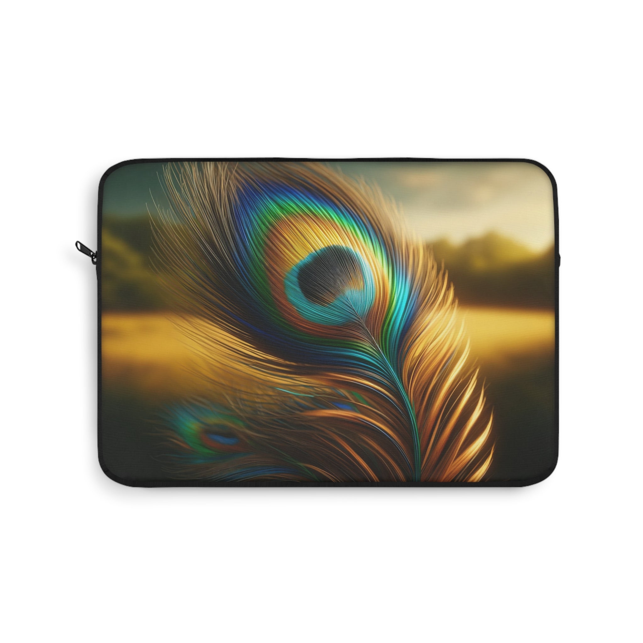 A golden-green peacock feather in the field - Laptop Sleeve