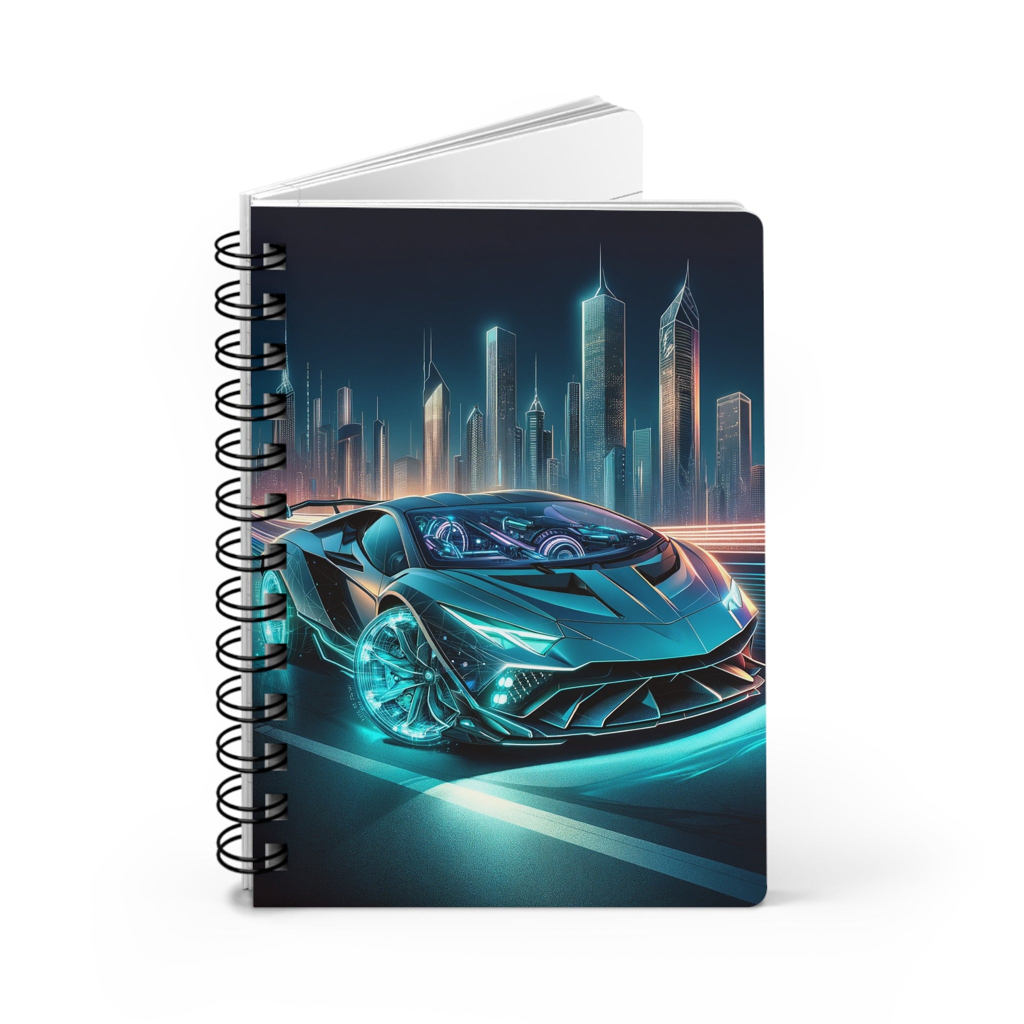 Blue car on the street - Spiral Notebook