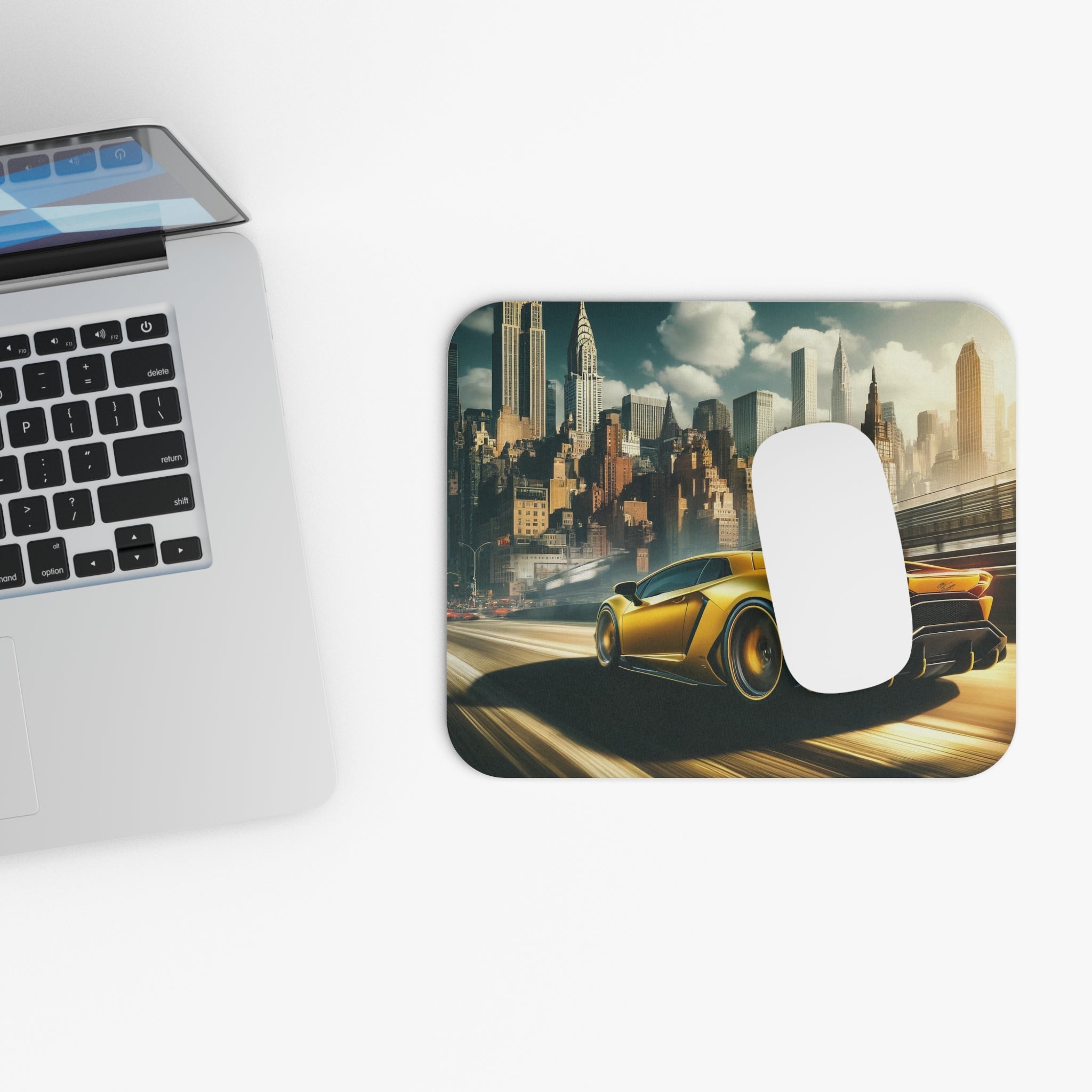 A yellow, Lamborghini-inspired car driving into the city - Mouse Pad (Rectangle)