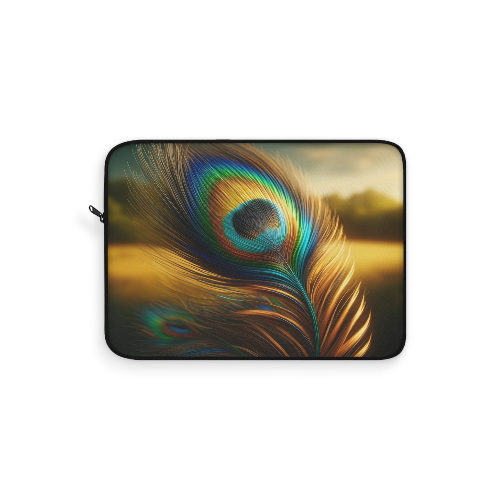 A golden-green peacock feather in the field - Laptop Sleeve