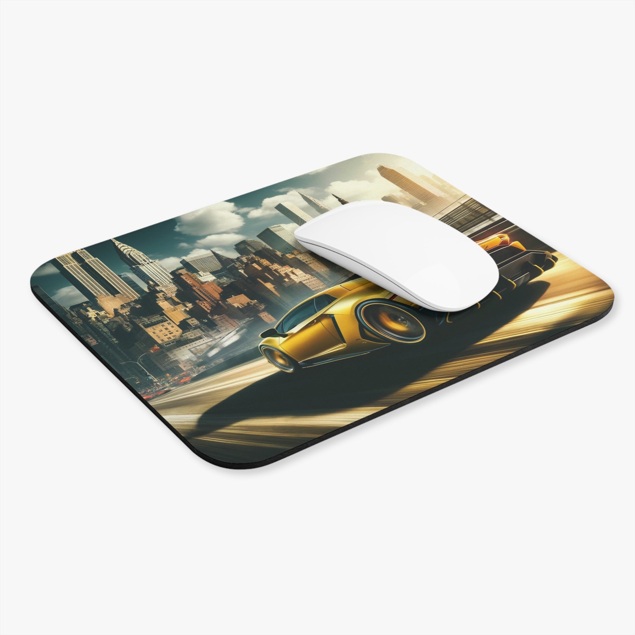 A yellow, Lamborghini-inspired car driving into the city - Mouse Pad (Rectangle)