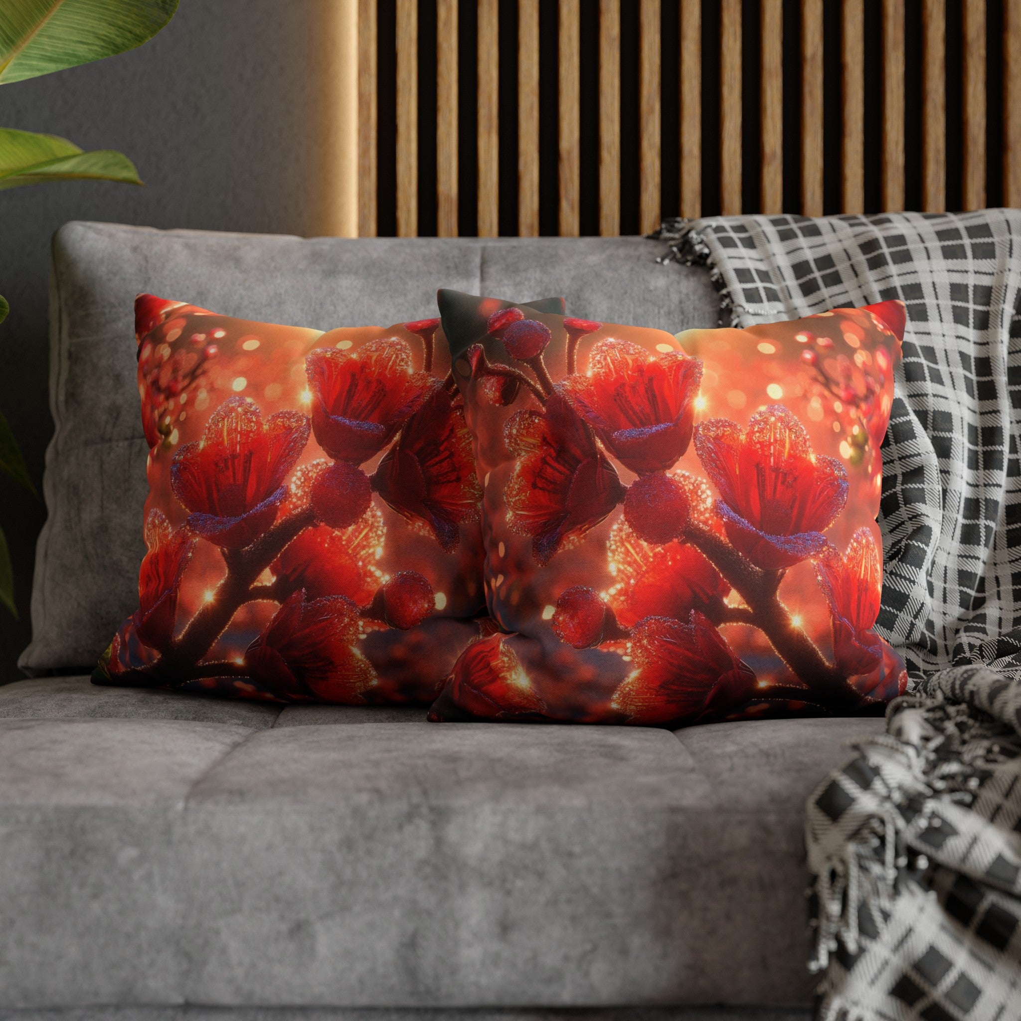 Red diamond flowers (2) -  Polyester Square Pillowcase