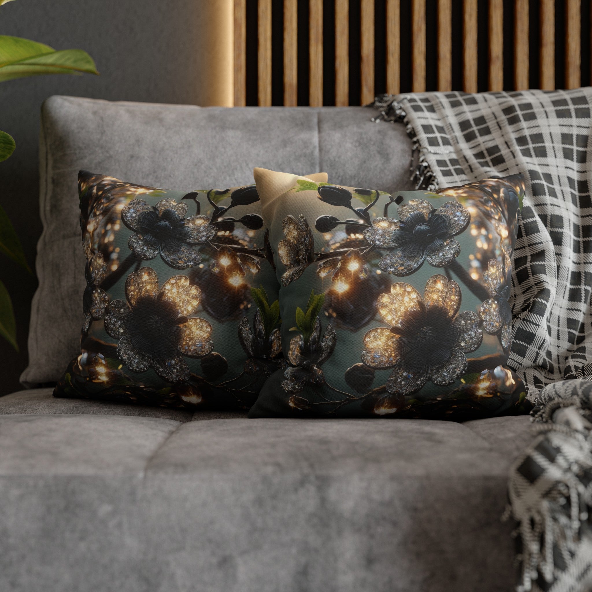 Black, diamond flowers (1) - Polyester Square Pillowcase