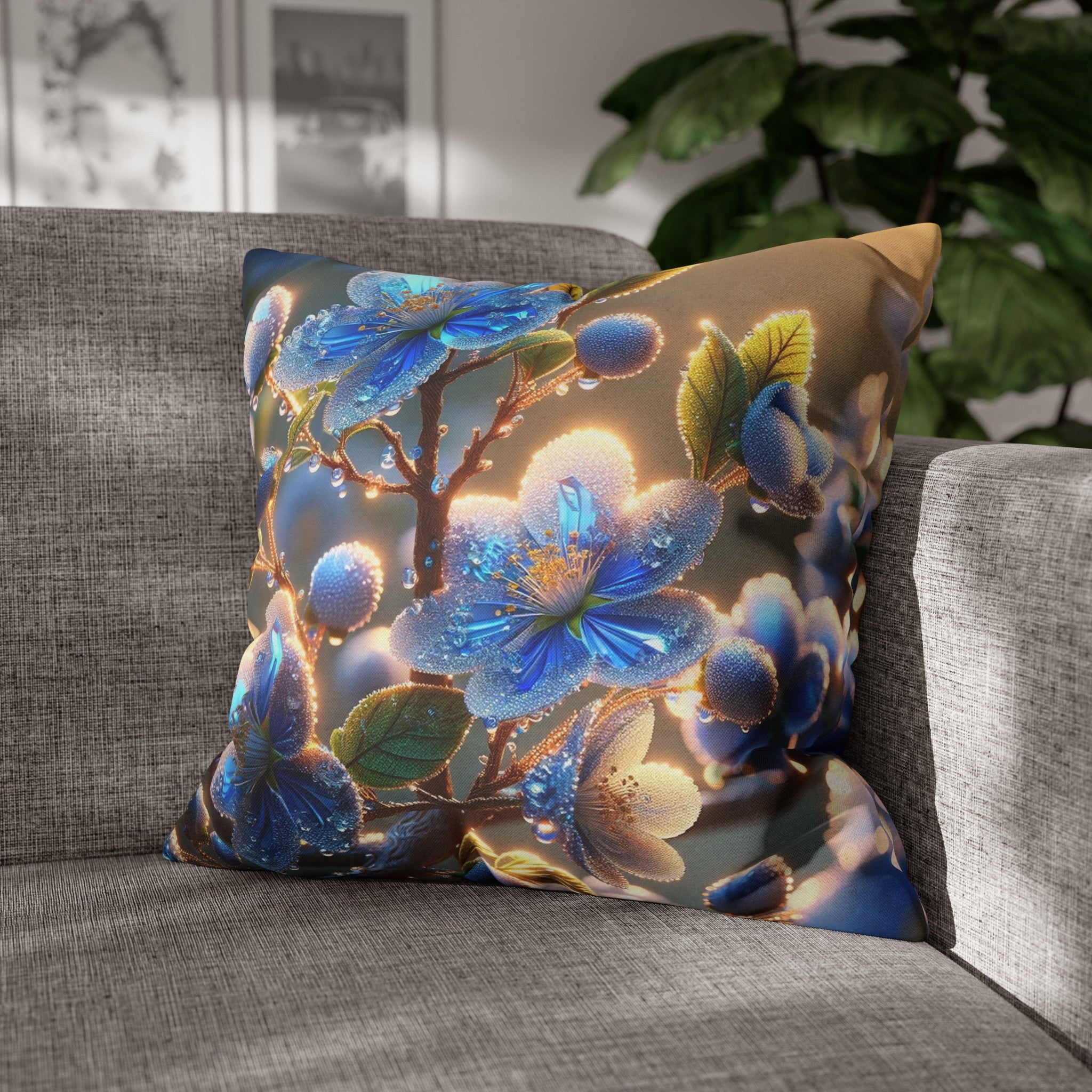 Blue, diamond flowers (2) - Polyester Square Pillowcase