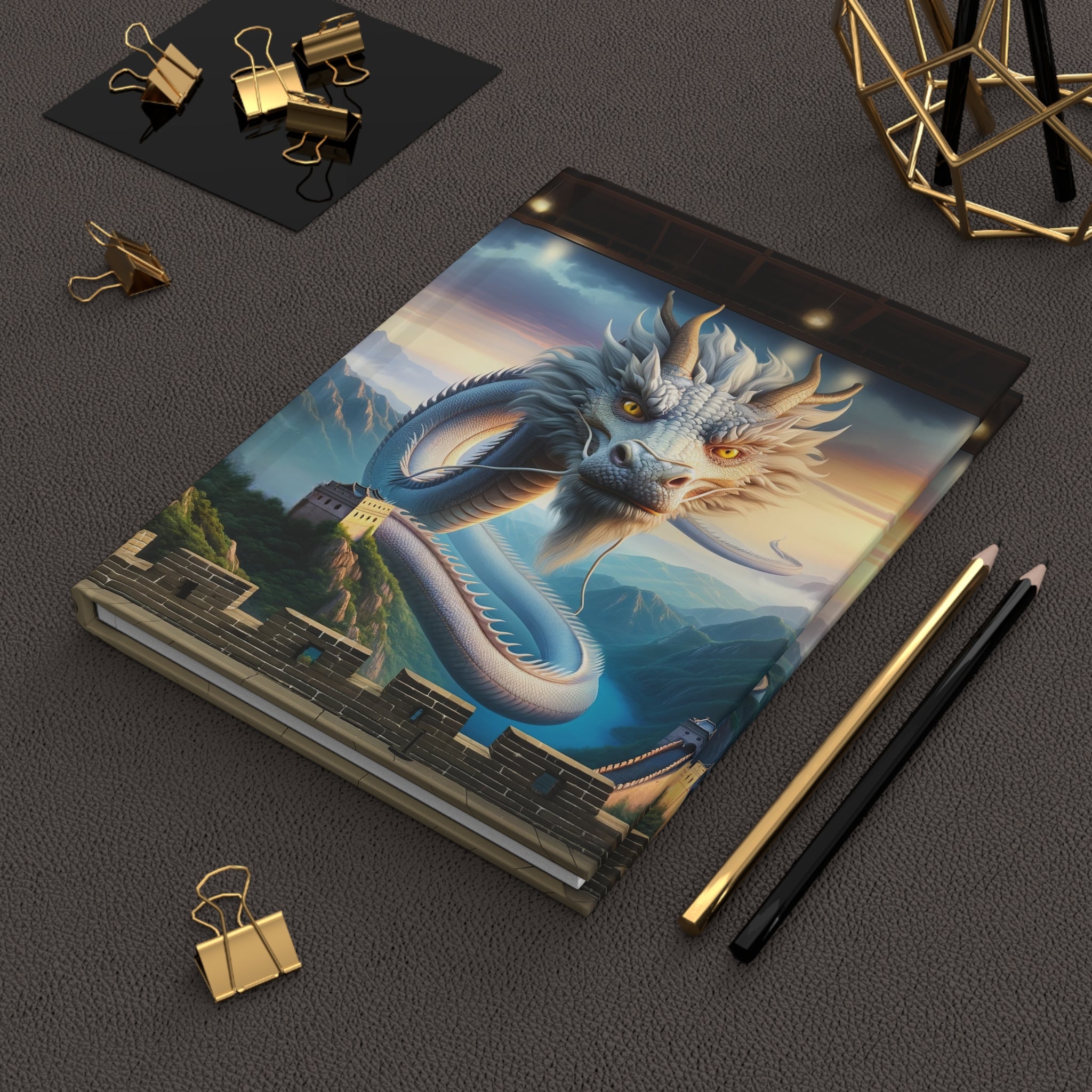 A curious, white, flying dragon - Hardcover Notebook