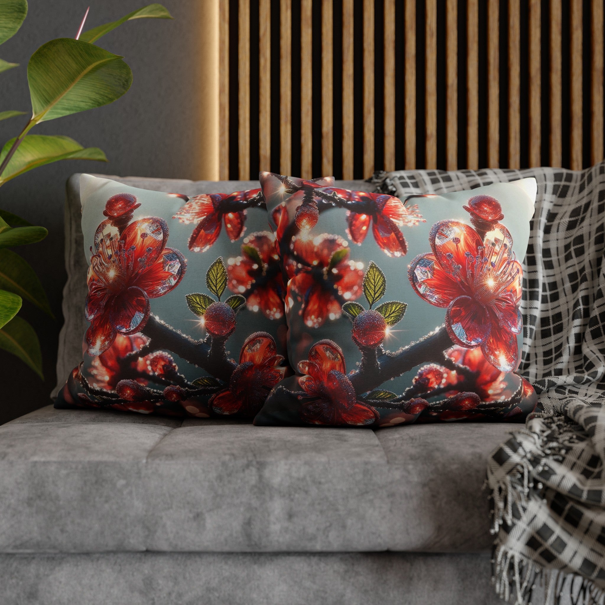 Red diamond flowers (1) - Polyester Square Pillowcase