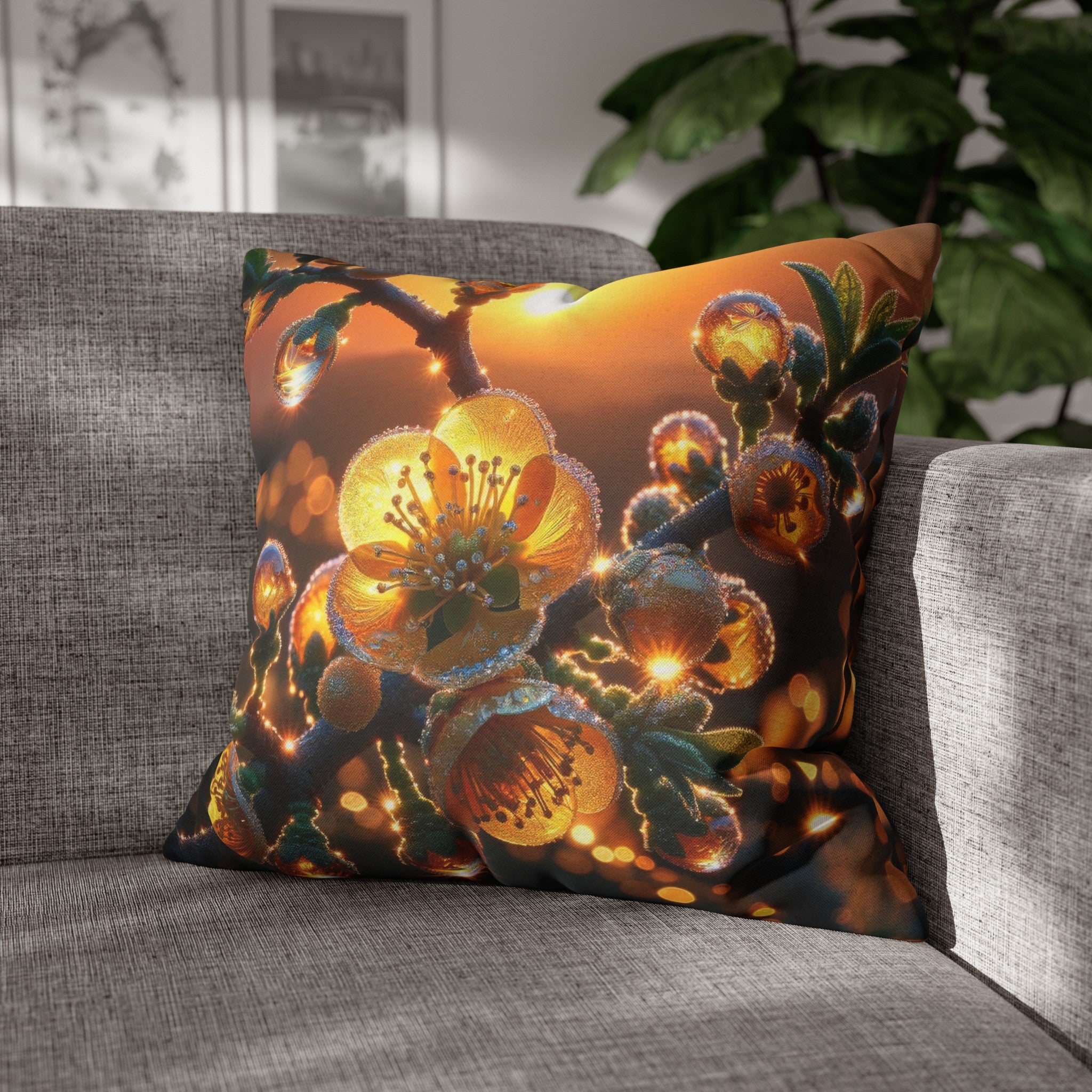 Yellow diamond flowers (2) - Polyester Square Pillowcase