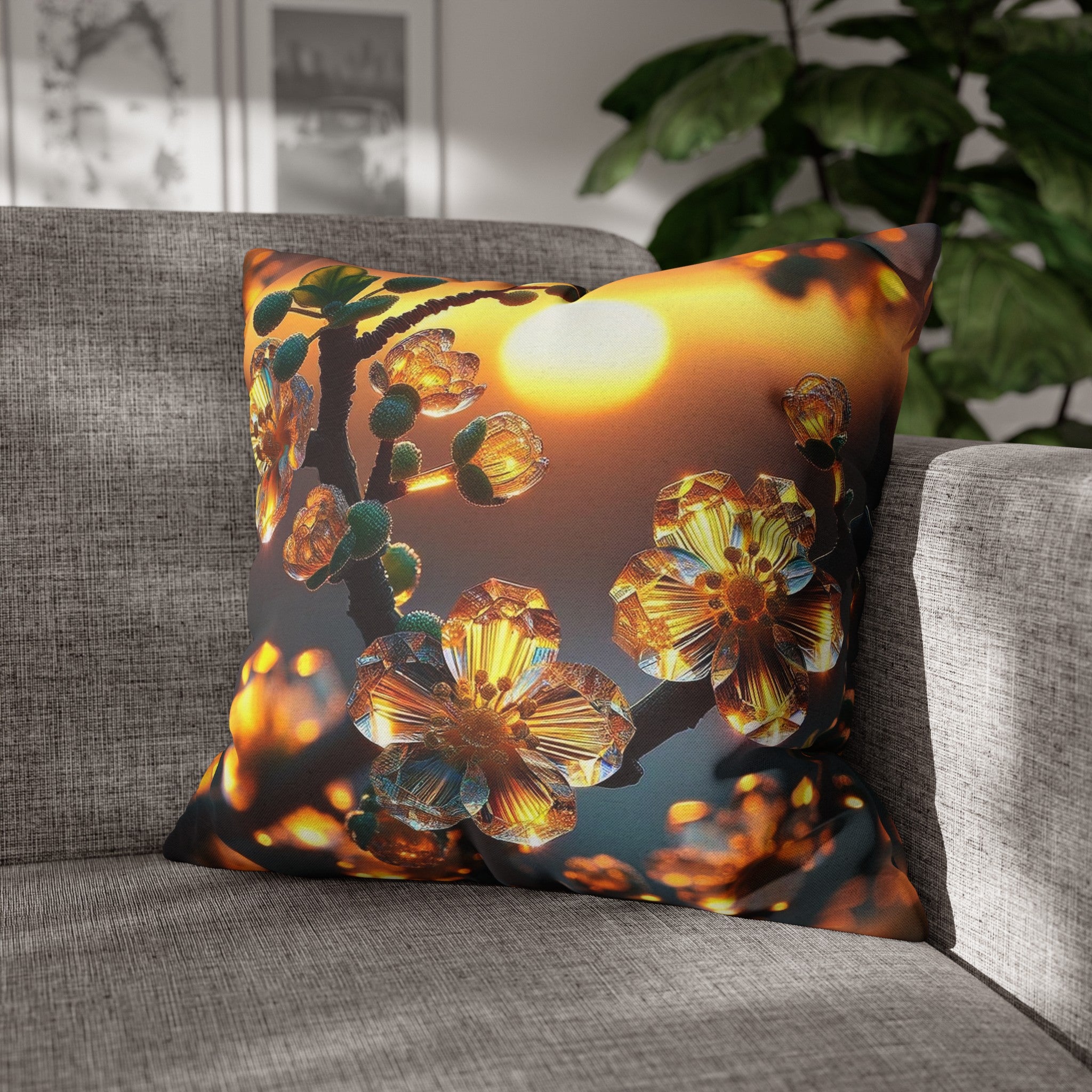 Yellow diamond flowers (4) - Polyester Square Pillowcase