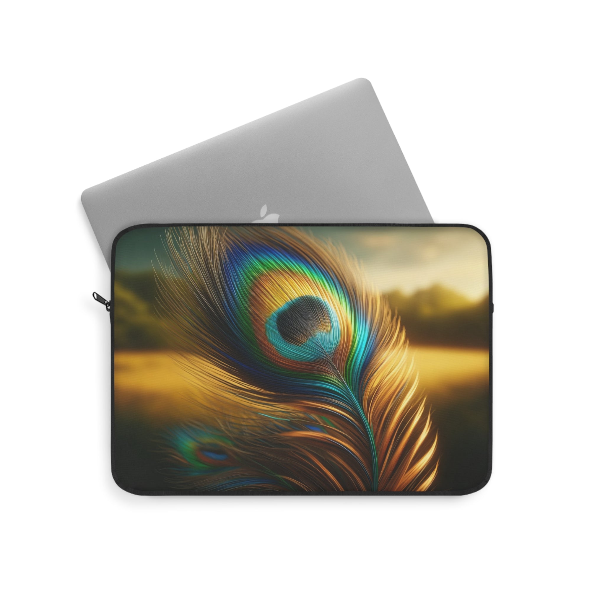 A golden-green peacock feather in the field - Laptop Sleeve