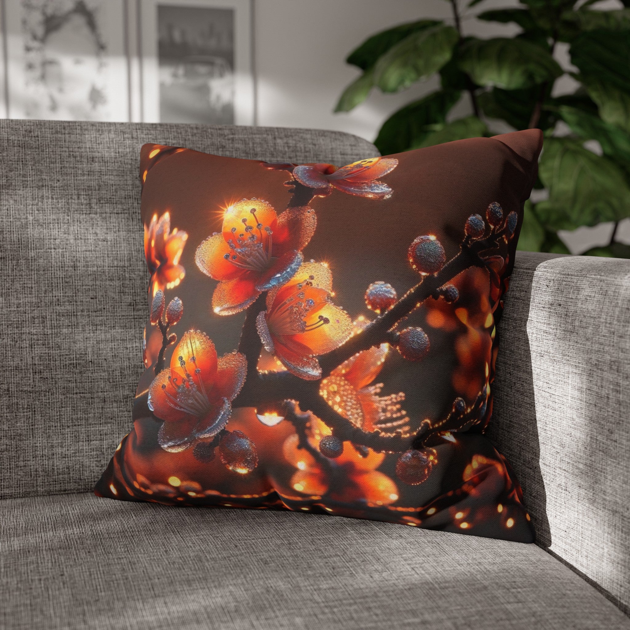 Orange diamond flowers (1) - Polyester Square Pillowcase