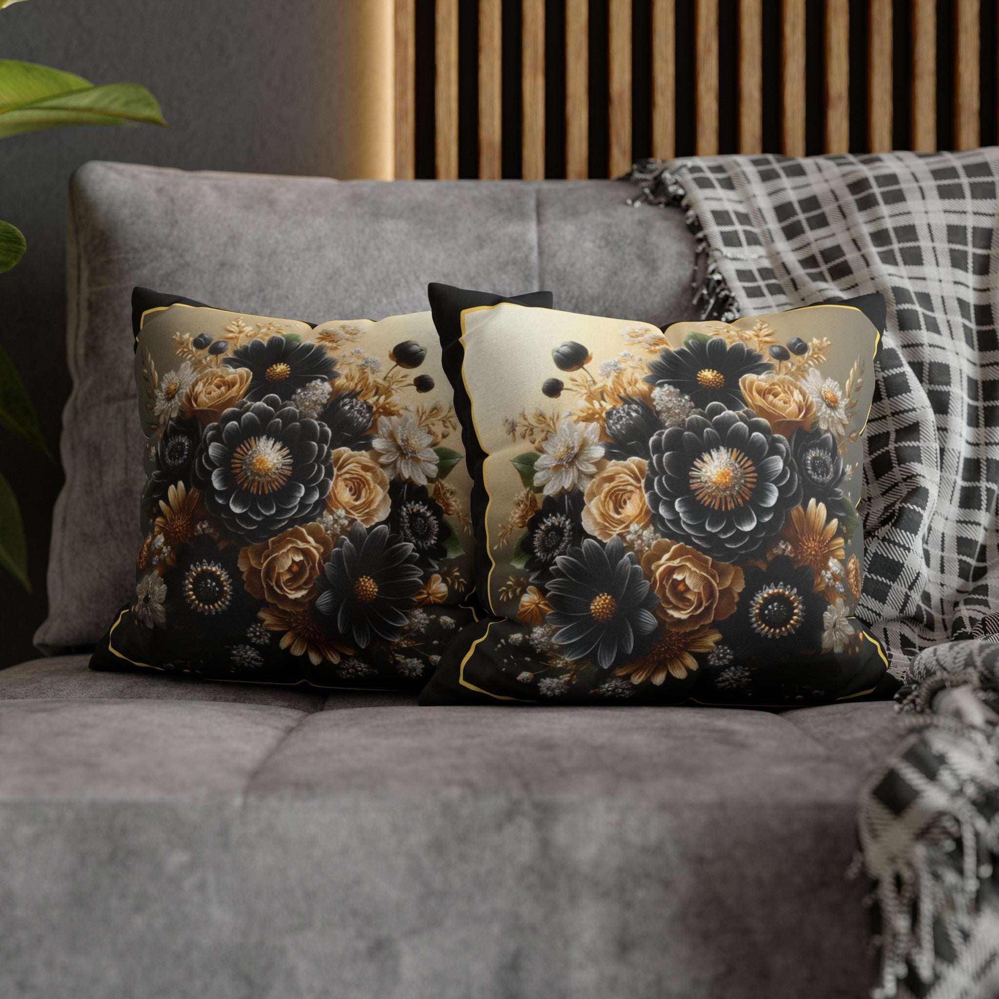 Black-Golden Bouquet (1) - Polyester Square Pillowcase