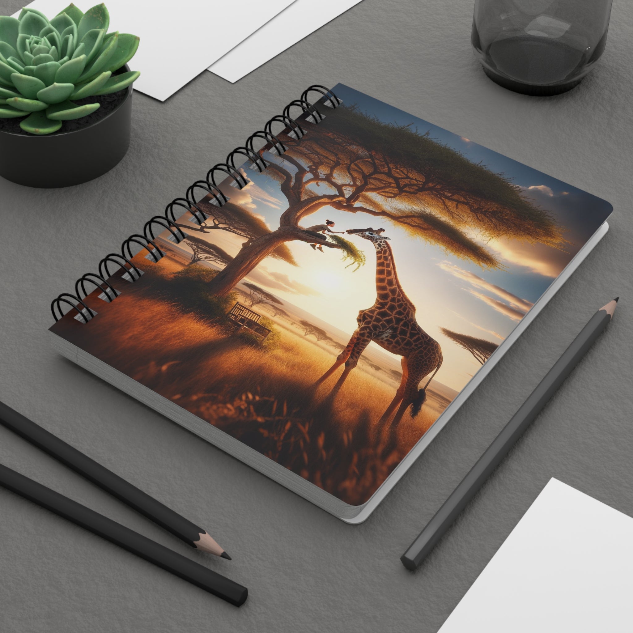 Girl feeding a giraffe from a tree - Spiral Notebook