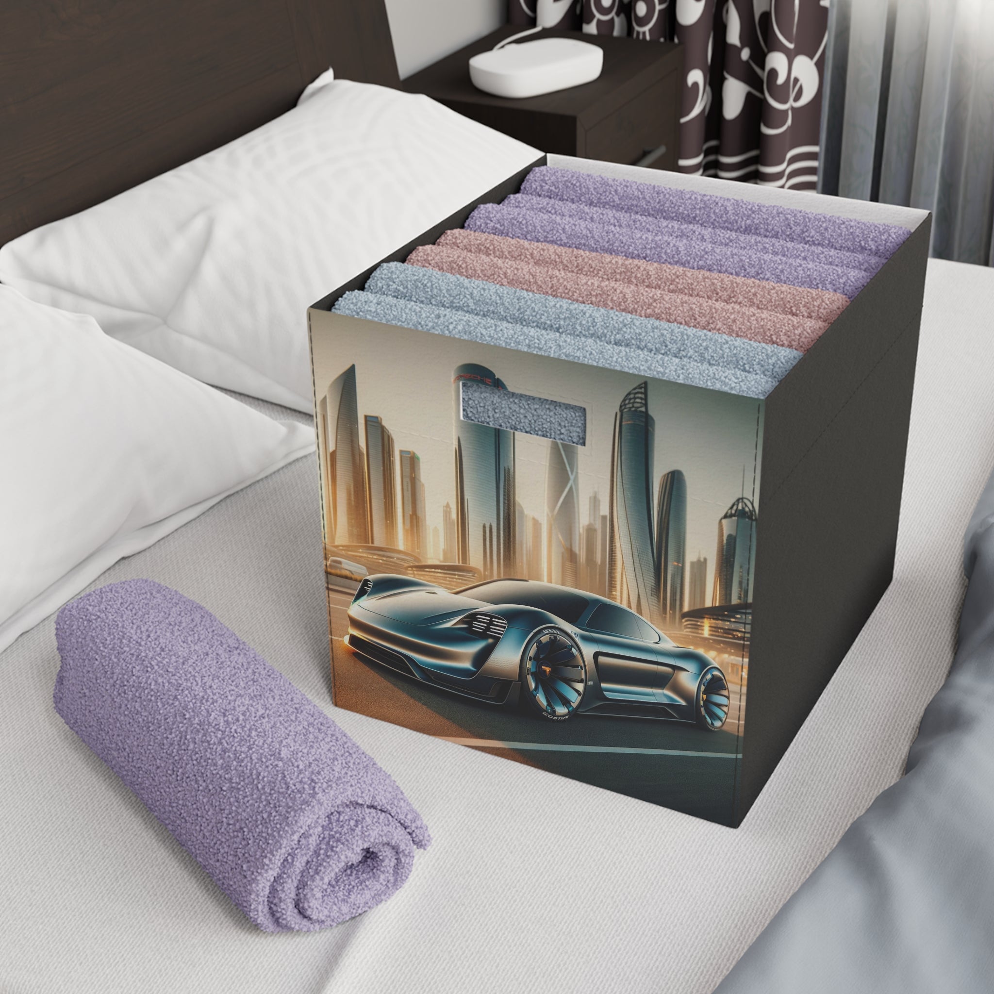 Blue car in futuristic city - Storage Box