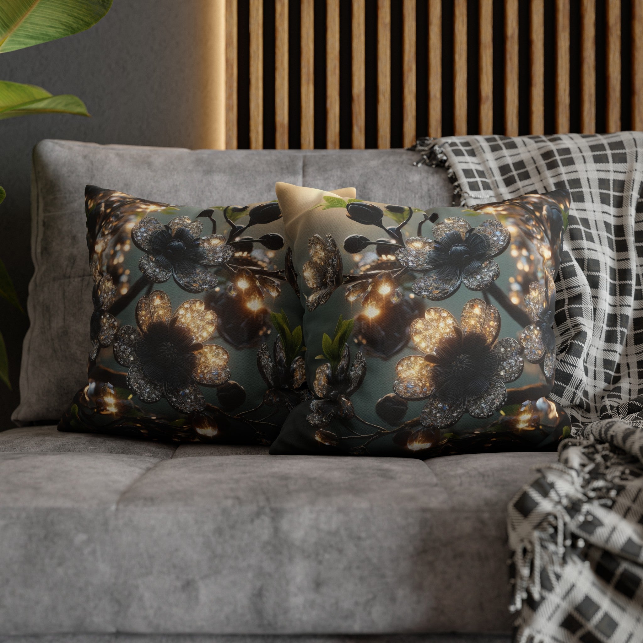 Black, diamond flowers (1) - Polyester Square Pillowcase