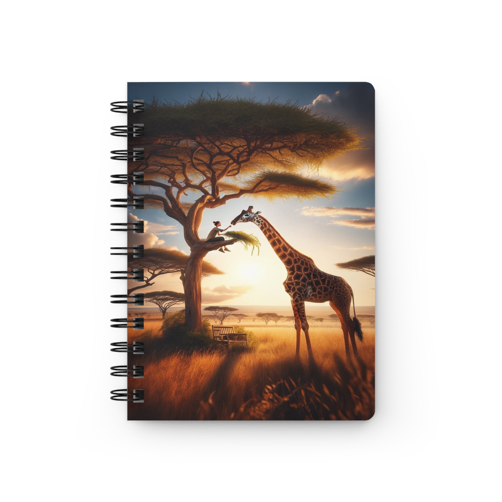 Girl feeding a giraffe from a tree - Spiral Notebook