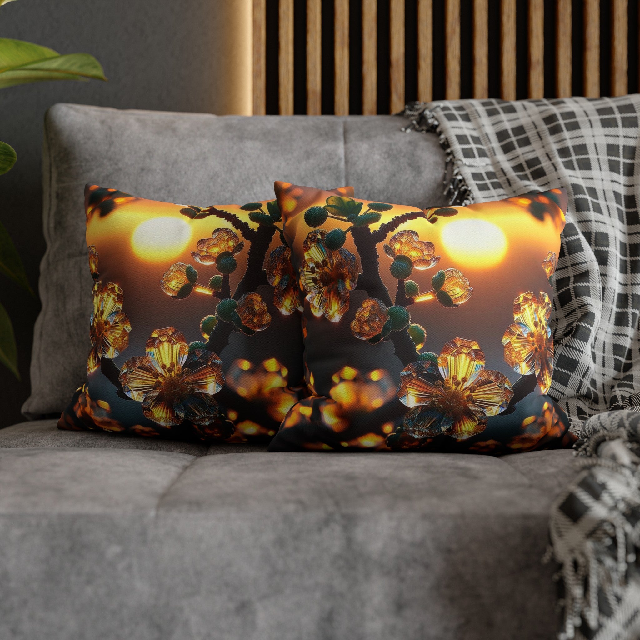 Yellow diamond flowers (4) - Polyester Square Pillowcase