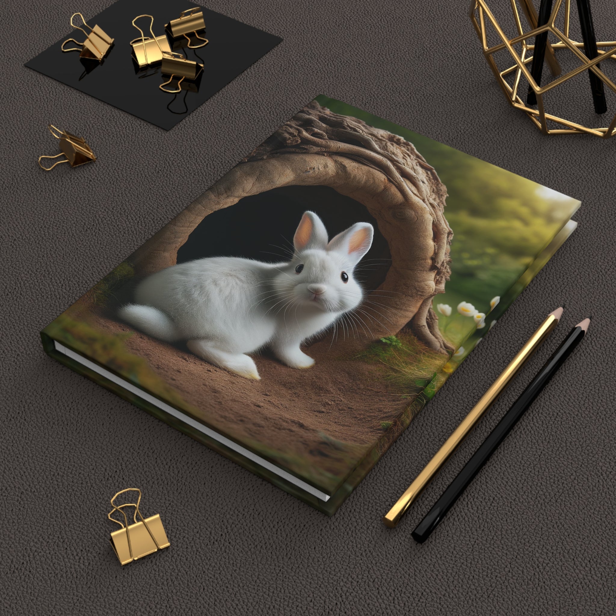 A curious, white rabbit - Hardcover Notebook