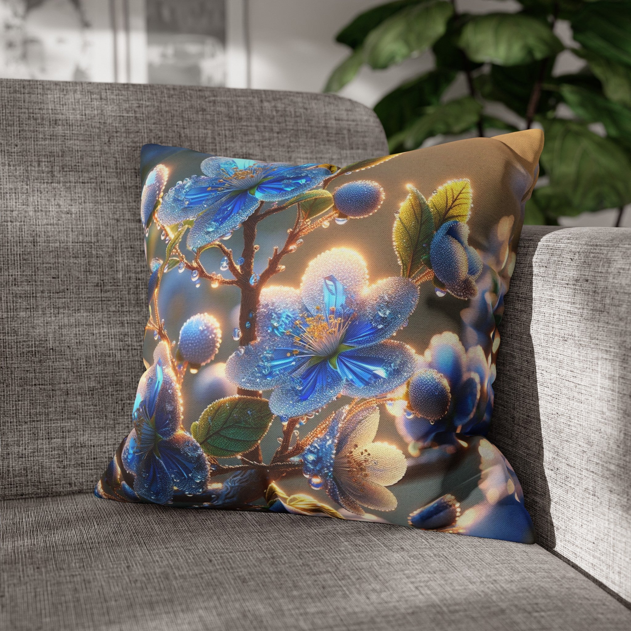 Blue, diamond flowers (2) - Polyester Square Pillowcase